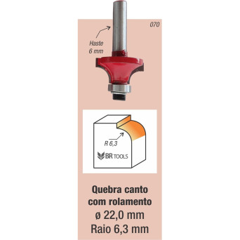 Fresa Tupia Canto Arredondado Rolamentada raio 6,3mm Haste 6mm