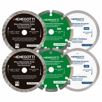 Kit 6 Disco Diamantado Porcelanato, Turbo e Segmentado 4.3/8 Pol (110mm) Menegotti