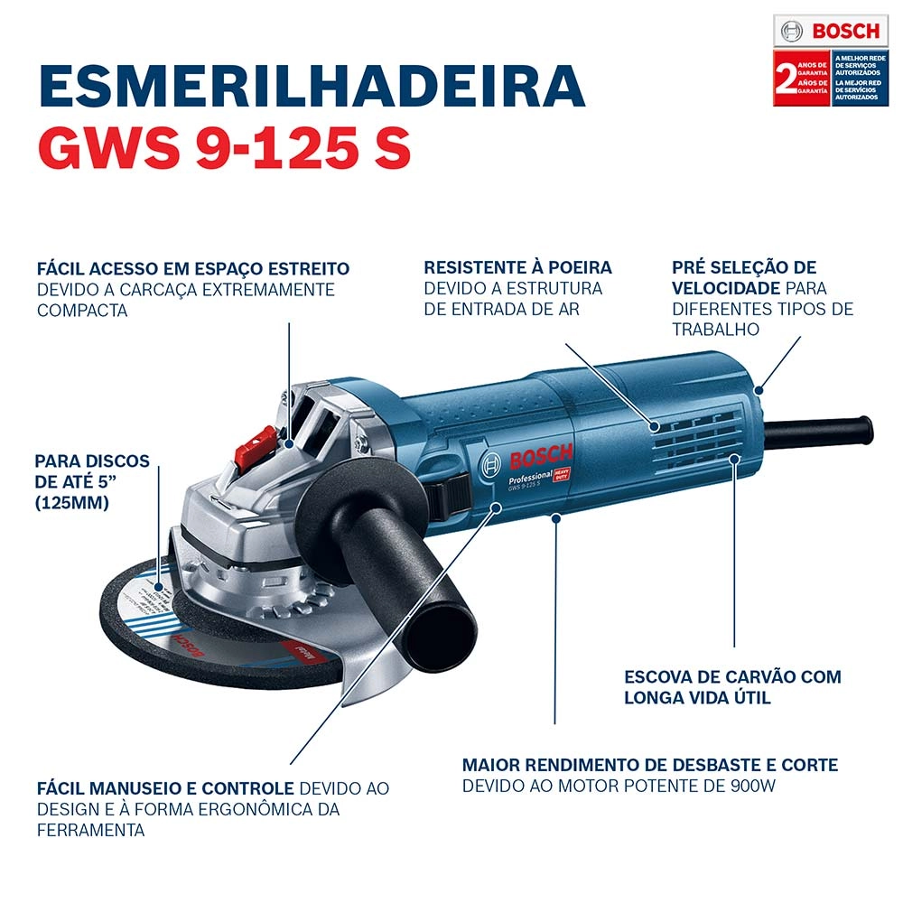 Esmerilhadeira 5" (125mm) Velocidade Variável 900W Heavy Duty GWS9125S Bosch 