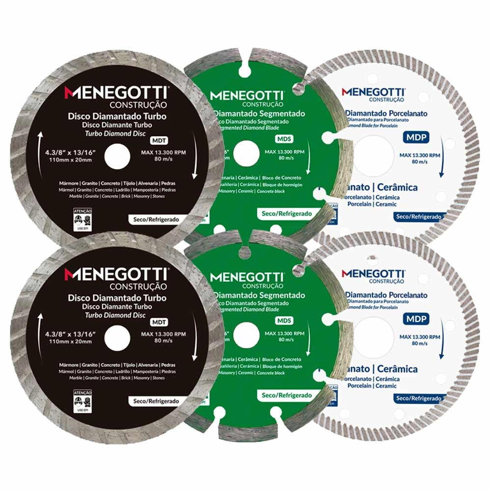 Kit 6 Disco Diamantado Porcelanato, Turbo e Segmentado 4.3/8 Pol (110mm) Menegotti Kit 6 Disco Diamantado Porcelanato, Turbo e Segmentado 4.3/8 Pol (110mm) Menegotti