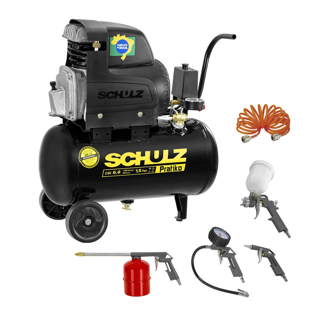 Compressor 1,5CV Pratiko CSI 6,6/20 + Kit Acessório 5 Peças Schulz