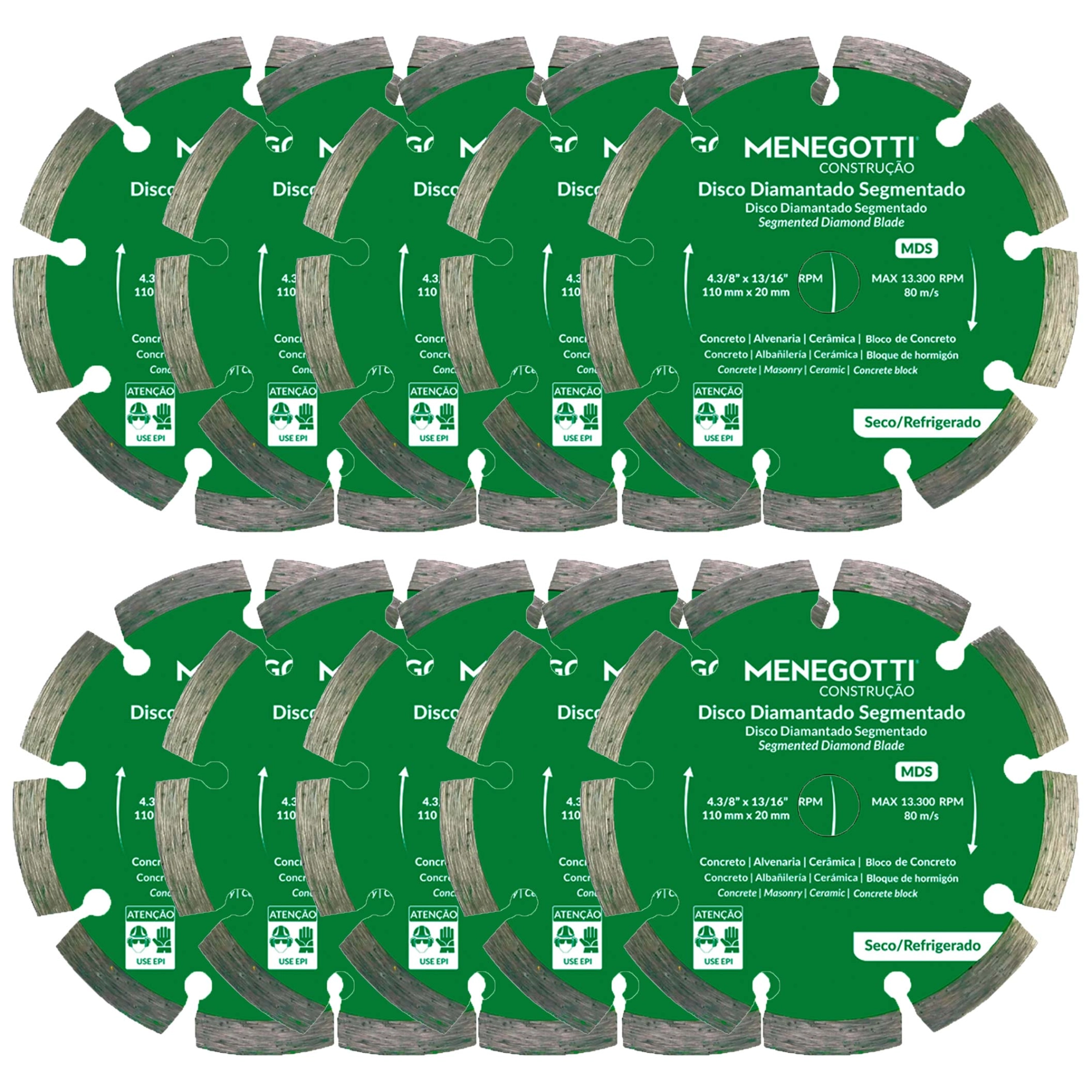 Kit 10 Disco Diamantado Segmentado 4.3/8 Pol (110mm) MDS Menegotti Kit 10 Disco Diamantado Segmentado 4.3/8 Pol (110mm) MDS Menegotti