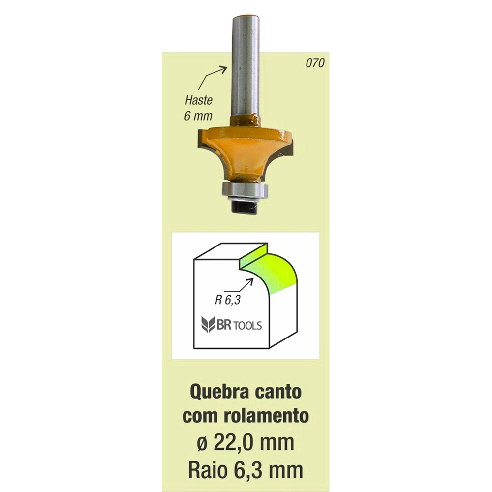 Fresa Tupia Canto Arredondado Rolamentada Raio 6,3mm Haste 6mm