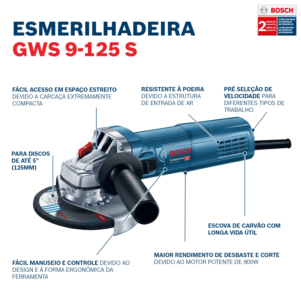 Esmerilhadeira 5" (125mm) Velocidade Variável 900W Heavy Duty GWS9125S Bosch 