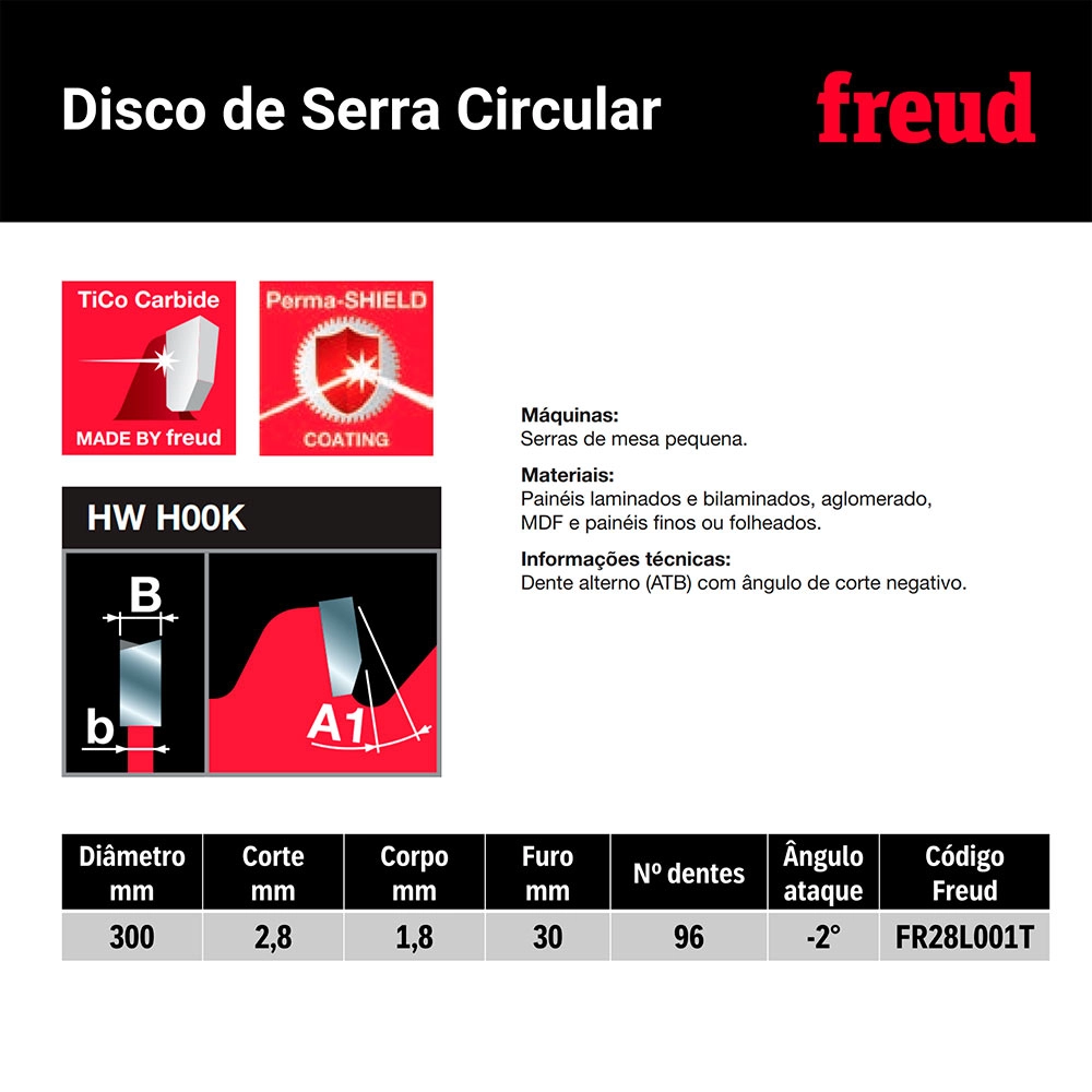 Disco de Serra MDF 300mm (12Pol) 96 dentes FR28L001T Freud