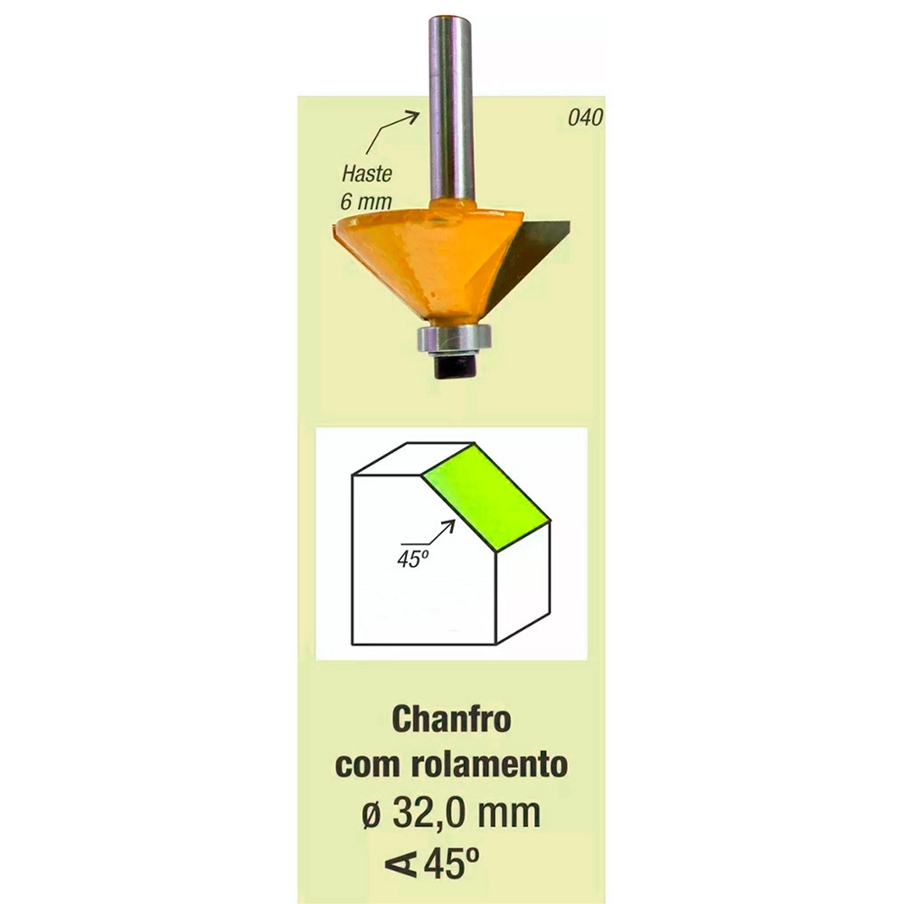 Fresa Tupia Chanfro 45 graus Rolamentada Haste 6mm Fresa Tupia Chanfro 45 graus Rolamentada Haste 6mm