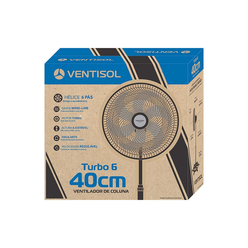Ventilador Coluna Osc Preto 40cm 6 Pás 80W Turbo 6 Ventisol