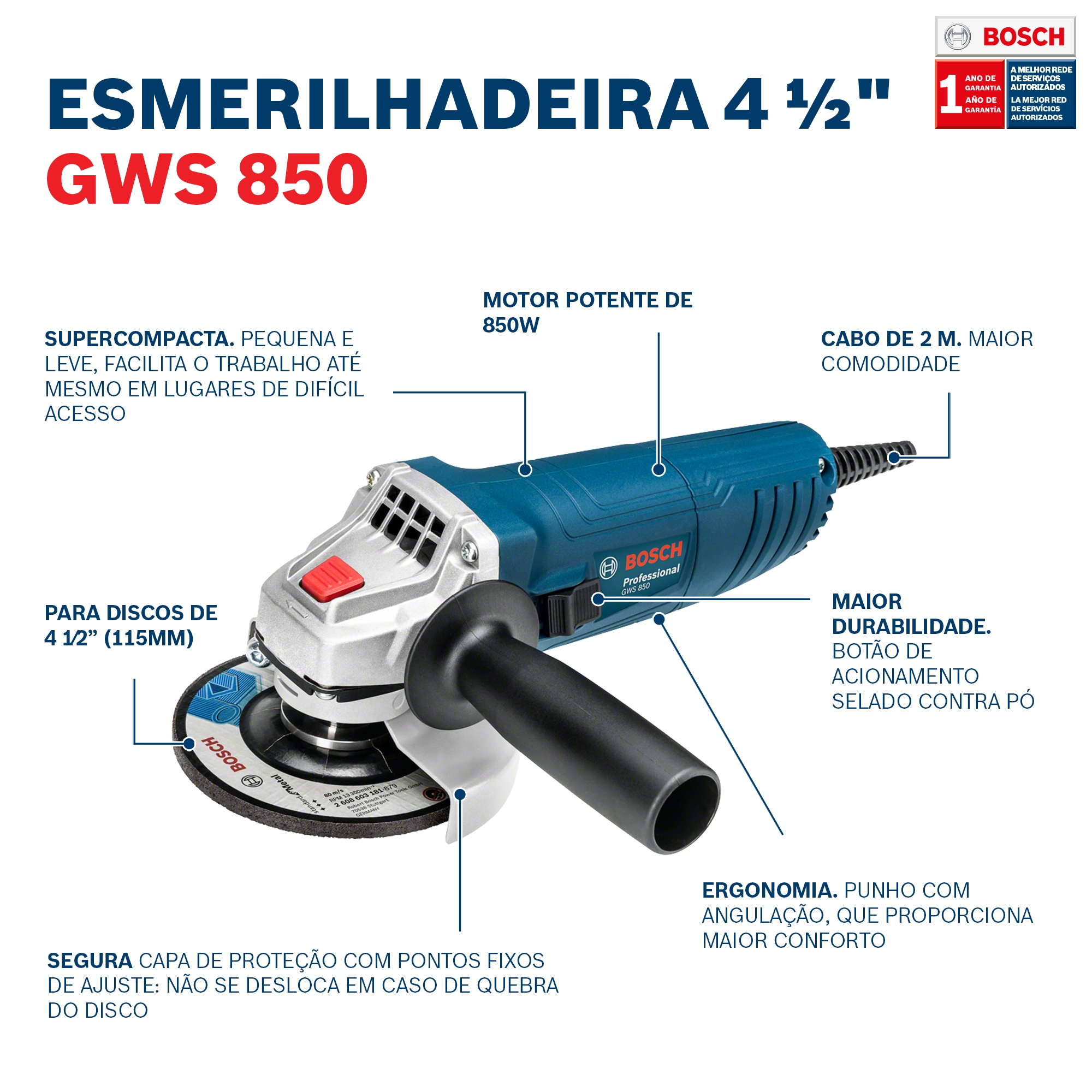 Esmerilhadeira 4.1/2" (115mm) 850w GWS850 Bosch 
