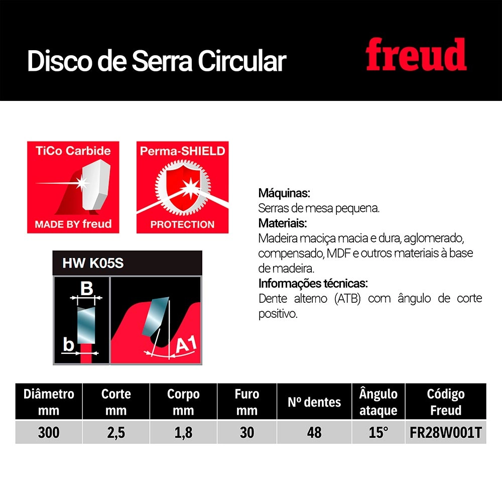 Disco de Serra Madeira 300mm (12Pol) 48 dentes FR28W001T Freud