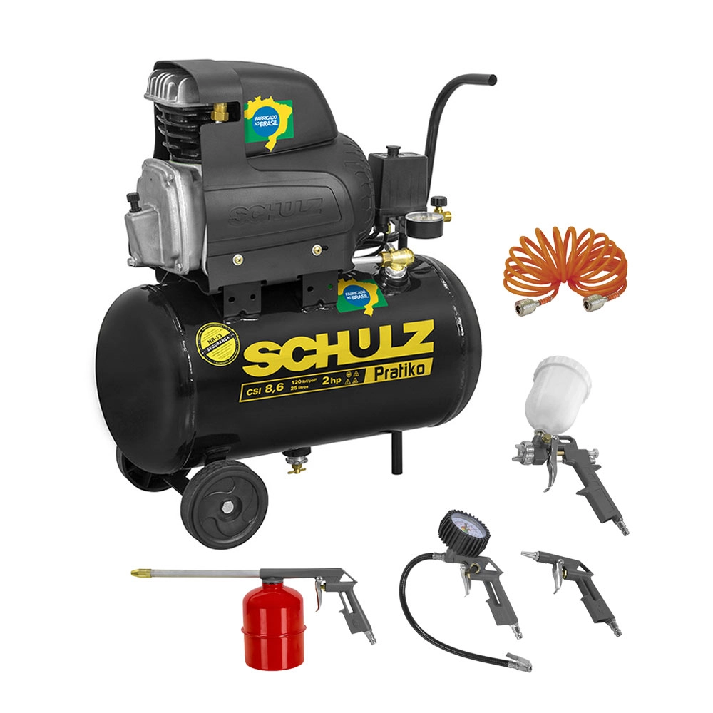 Compressor 1,5CV Pratiko CSI 8,6/25 + Kit Acessório 5 Peças Schulz