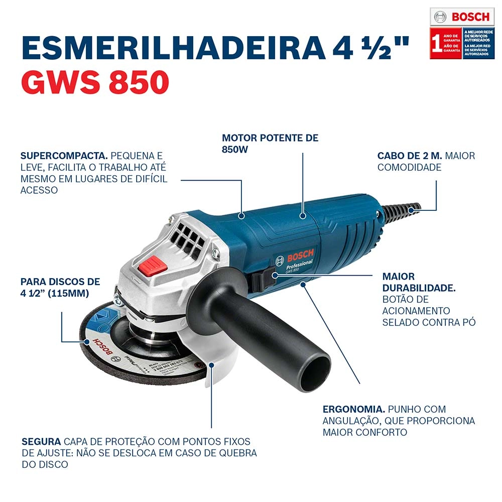 Esmerilhadeira 4.1/2" (115mm) 850w GWS850 Bosch 