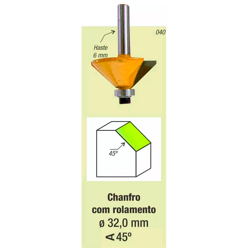 Kit 4 Fresa Tupia Chanfro 45 graus Rolamentada Haste 6mm