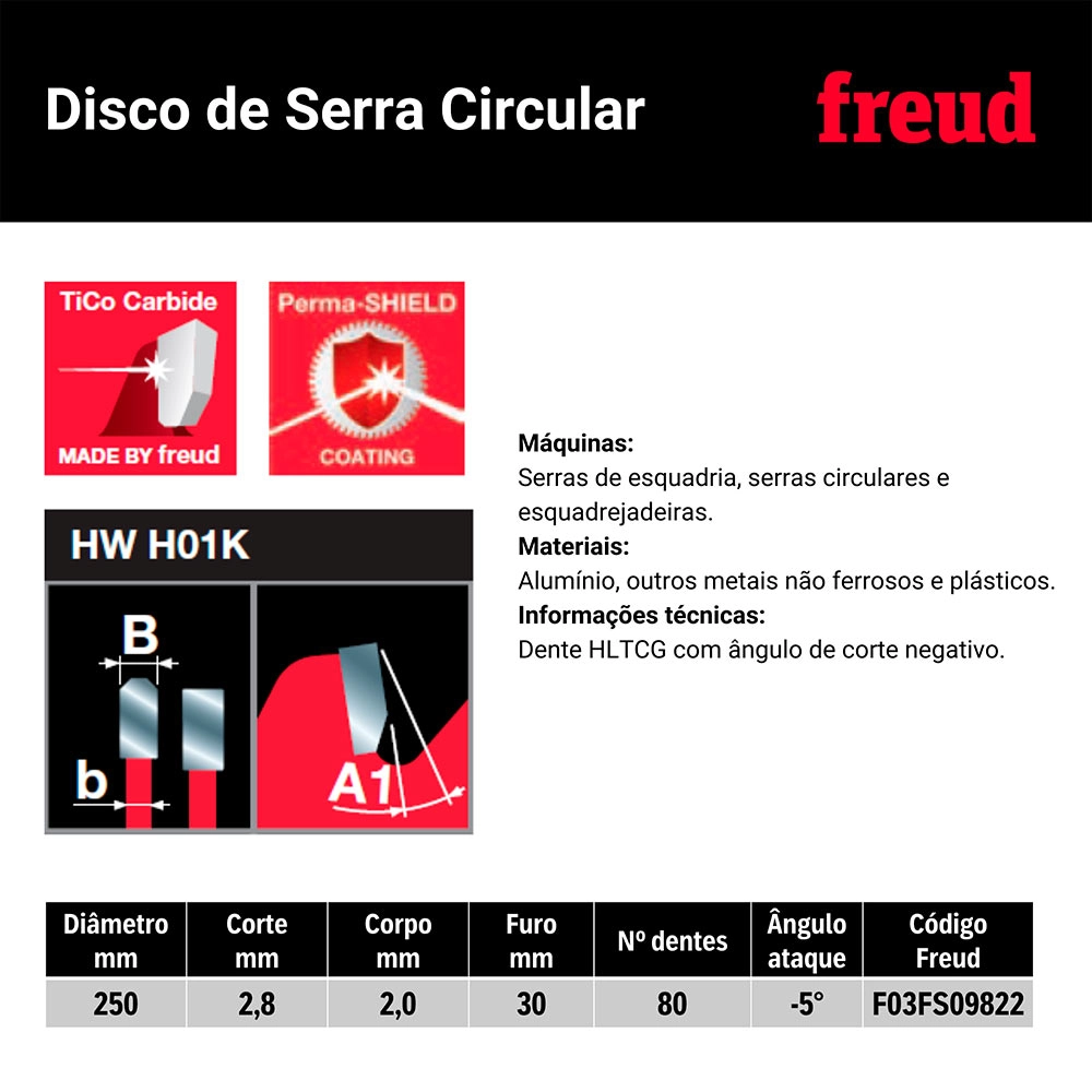 Disco de Serra Alumínio 250mm (10Pol) 80 dentes FR23A001M Freud