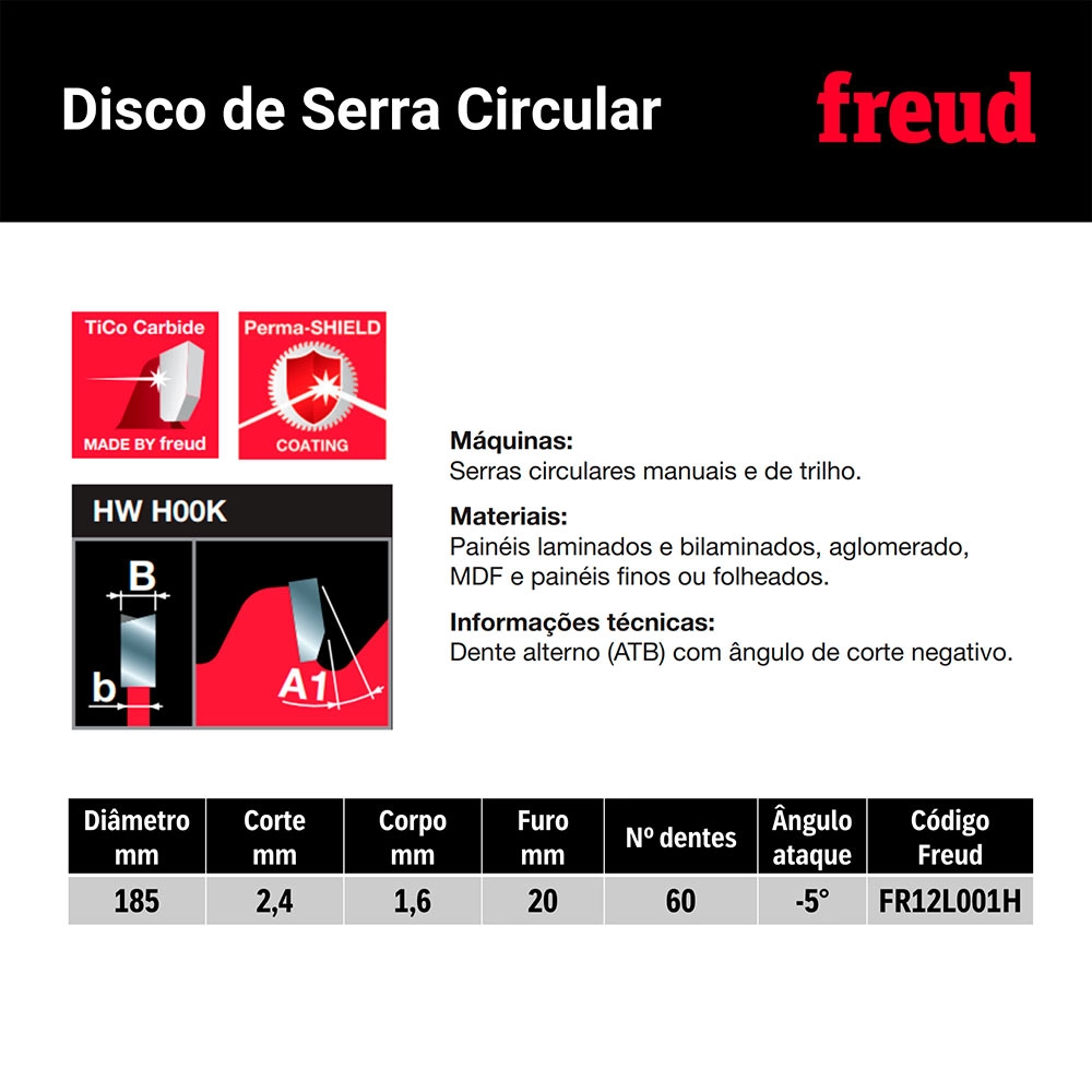 Disco de Serra MDF 184mm (7.1/4Pol) 60 dentes FR12L001H Freud