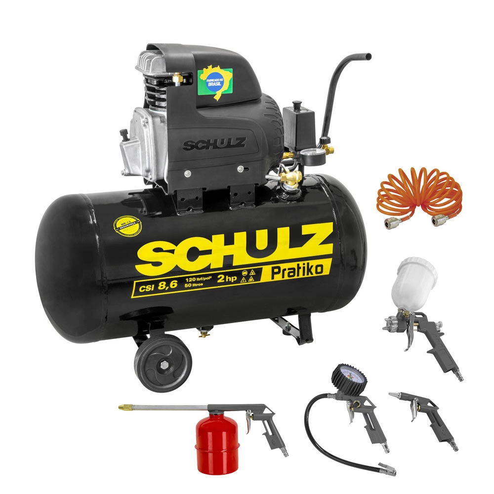 Compressor 1,5CV Pratiko CSI 8,6/50 + Kit Acessório 5 Peças Schulz