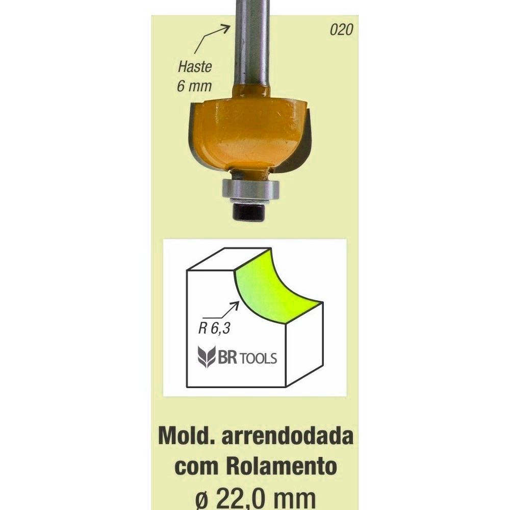 Fresa Tupia Borda Meia Cana Rolamentada 22mm Haste 6mm