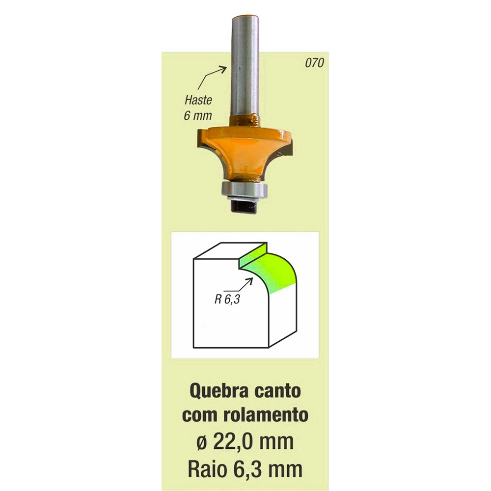 Kit 4 Fresa Tupia Canto Arredondado Rolamentada Raio 6,3mm Haste 6mm