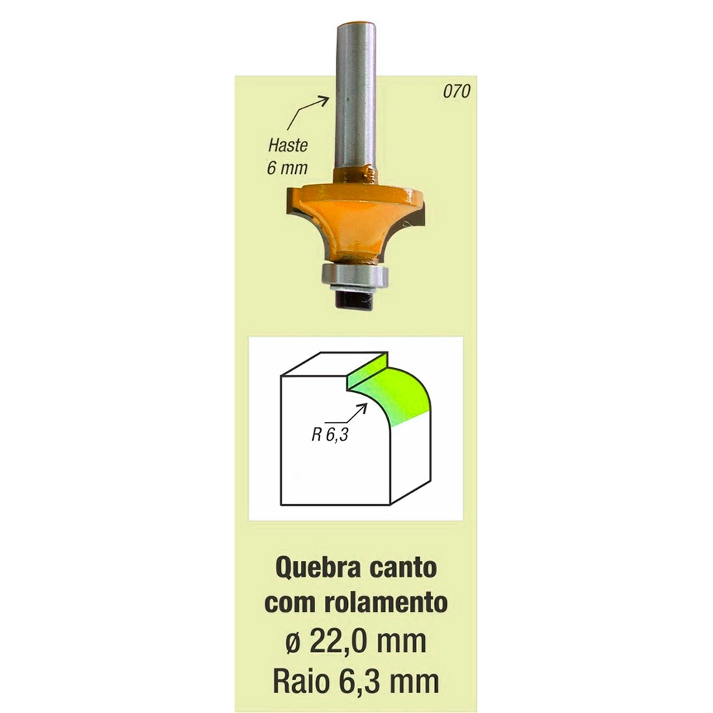 Fresa Tupia Canto Arredondado Rolamentada Raio 6,3mm Haste 6mm